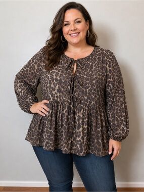 Leopard Print Babydoll Blouse XL Brown Animal Print Tie Neck Peplum Top